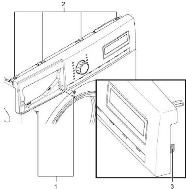 Technical diagram of a washing machine with labeled parts and exploded view