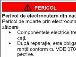 PERICOL Pericol de electrocutare din cau Pericol de moarte prin electrocuta zátoare ► Componentele electrice tre cați. ► După reparatie, este obliga ranță conform cu VDE 070 pective.