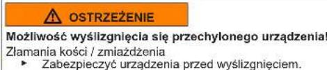 OSTRZEŻENIE Możliwość wyślizgnięcia się przechylonego urządzenia! Złamania kości / zmiażdżenia ► Zabezpieczyć urządzenia przed wyślizgnięciem.