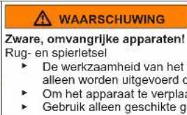 WAARSCHUWING Zware, omvangrijke apparaten! Rug- en spierletsel ► De werkzaamheid van het alleen worden uitgevoerd d ► Om het apparaat te verpla ► Gebruik alleen geschikte ge