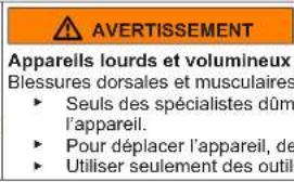 AVERTISSEMENT Apparells lourds et volumineux Blessures dorsales et musculaires ► Seuls des spécialistes dûm l'appareil. ► Pour déplacer l'appareil, de ► Utiliser seulement des outil