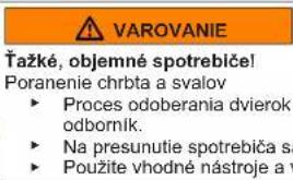 VAROVANIE Čažké, objemné spotrebiče! Poranenie chrbta a svalov ► Proces odoberania dvierok odborník. ► Na presunutie spotrebiča sa ► Použite vhodné nástroje a v