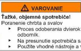 VAROVANIE Čažké, objemné spotrebičel Poranenie chrbta a svalov ► Proces odoberania dvierok odborník. ► Na presunutie spotrebiča sa ► Použite vhodné nástroje a v