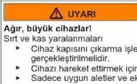 UYARI Ağır, büyük cihazlar! Sırt ve kas yaralanmaları ► Cihaz kapısını çıkarma işle gerçekleştirilmelidir. ► Cihazı hareket ettirmek için ► Sadece uygun aletler ve ek
