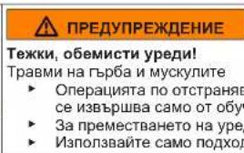 ПРЕДУПРЕЖДЕНИЕ Тежки, обемисти уреди! Травми на гърба и мускулите ► Операцията по отстраняв се извършва само от обуч ► За преместването на уре, ► Използвайте само подход