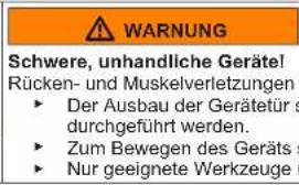 WARNING Schwere, unhandliche Geräte! Rücken- und Muskelverletzungen ► Der Ausbau der Gerätetür durchgeführt werden. ► Zum Bewegen des Geräts ► Nur geeignete Werkzeuge