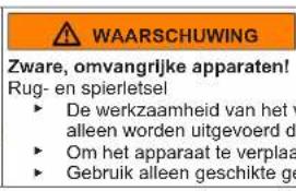 WAARSCHUWING Zware, omvangrijke apparaten! Rug- en spierletsel ► De werkzaamheid van het v alleen worden uitgevoerd de ► Om het apparaat te verplaat ► Gebruik alleen geschikte ge