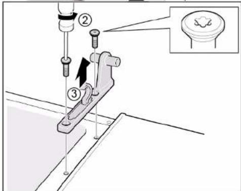 Technical diagram showing mechanical assembly steps with numbered annotations and a close-up inset of a circular component.