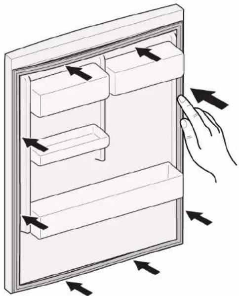 Diagram of a hand interacting with a refrigerator drawer, showing multiple compartments and directional arrows indicating movement (no text or symbols present)