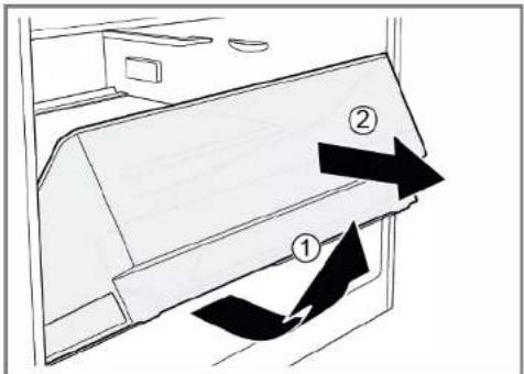 Diagram showing airflow or ventilation process with labeled components ① and ②, indicating directional flow.