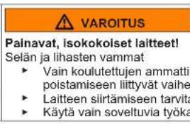 VAROITUS Painavat, isokokolset laitteet! Selän ja lihasten vamma ► Vain koulutettujen ammatti poistamiseen liittyvät vaihe ► Laitteen siirtämiseen tarvita ► Käytä vain soveltuvia työka