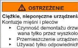 OSTRZEŻENIE Cieżkie, nieporęczne urządzenia Kontuzje mięśni i pleców ► Czynność demontażu drzwana tylko przez wyszkolor ► Przemieszczenie urządzeń ► Używać tylko odpowiednich