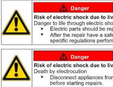 Danger Risk of electric shock due to live Danger to life through electric sho ► Electric parts should be rep ► After the repair have a safe specific regulations perform Danger Risk of electric shock due to live Death by electrocution ► Disconnect appliances from before starting repairs.