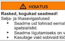 HOIATUS Rasked, kogukad seadmed! Selja- ja lihasevigastused ► Seadme ust tohivad eemal spetsialistid. ► Seadme liigutamiseks on v ► Kasutage vaid sobivaid töö