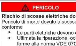 PERICOLO Rischio di scosse elettriche dovr Pericolo di morte dovuto a scosse conforme ► Le parti elettriche devono e ► Ultimata la riparazione, occ forme alla norma VDE 070