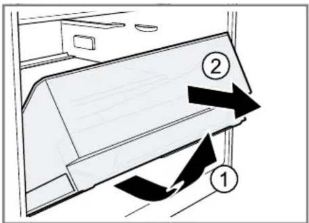 Diagram showing airflow or ventilation process with labeled components 1 and 2, indicating directional flow direction.