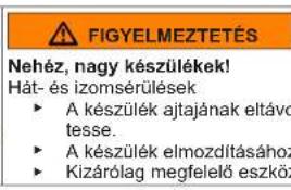 FIGYELMEZTETÉS Nehéz, nagy készülékek! Hát- és izomsérülések • A készülék ajtajának eltávolítása. • A készülék elmozdításához • Kizárólag megfelelő eszköz