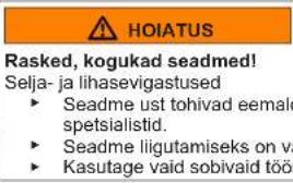 HOIATUS Rasked, kogukad seadmed! Selja- ja lihasevigastused ► Seadme ust tohivad eemaldada spetsialistid. ► Seadme liigutamiseks on vajalikud sobivad töövahendid. ► Kasutage vaid sobivaid töövahendeid.