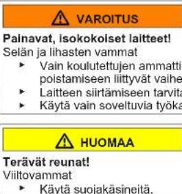 VAROITUS: Painavat, isokokoiset laitteet! Selän ja lihasten vammat. Vain koulutettujen ammattilaisten suoritettavaksi. Laitteen siirtämiseen tarvitaan apua. Käytä vain soveltuvia työkaluja. HUOMAA: Terävät reunat! Viiltovammat. Käytä suojakäsineitä.