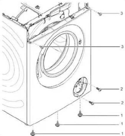 Technical diagram of a washing machine with numbered components for identification