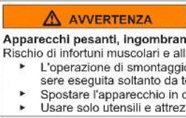 AVVERTENZA Apparecchi pesanti, ingombranti. Rischio di infortuni muscolari e altro. ► L'operazione di smontaggio deve essere eseguita soltanto da tecnici qualificati. ► Spostare l'apparecchio in modo adeguato. ► Usare solo utensili e attrezzature appropriate.