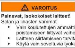 VAROITUS: Painavat, isokokoiset laitteet! Selän ja lihasten vamma. Vain koulutettujen ammattilaisten tulee suorittaa poistamiseen liittyvät vaiheet. Laitteen siirtämiseen tarvitaan useita henkilöitä. Käytä vain soveltuvia työkaluja.