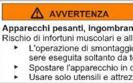 AVVERTENZA Apparecchi pesanti, Ingombran Rischio di infortuni muscolari e all • L'operazione di smontaggio sere eseguita soltanto da te • Spostare l'apparecchio in d • Usare solo utensili e attrez
