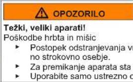 OPOZORILO Težki, veliki aparat! Poškodbe hrbta in mišic ► Postopek odstranjevanja vno strokovno osebje. ► Za premikanje aparata sta ► Uporabite samo ustrezno o