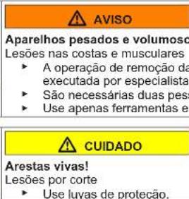 AVISO Aparelhos pesados e volumoso Lesões nas costas e musculares • A operação de remoção da executada por especialista • São necessárias duas pesa • Use apenas ferramentas e CUIDADO Arestas vivas! Lesões por corte • Use luvas de proteção.