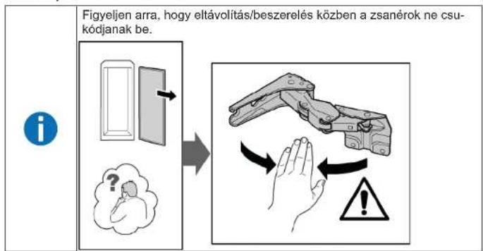Figyeljen arra, hogy eltávolítás/beszerelés közben a zsanérok ne csukódjanak be.