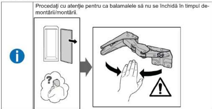 Procedați cu atenție pentru ca balamalele să nu se închidă în timpul de- montării/montării. i ?