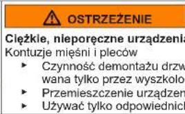 OSTRZEŻENIE Cieżkie, nieporęczne urządzenia Kontuzje mięśni i pleców ► Czynność demontażu drzw wana tylko przez wyszkoło ► Przemieszczenie urządzeń ► Używać tylko odpowiednich
