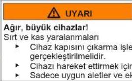 UYARI Ağır, büyük cihazlar! Sırt ve kas yaralanmaları ► Cihaz kapısını çıkarma işle gerçekleştirilmelidir. ► Cihazı hareket ettirmek için ► Sadece uygun aletler ve ek