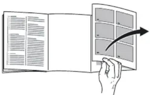 Illustration showing a hand holding a folded document with a curved arrow pointing to a grid layout, alongside an open notebook with text pages.
