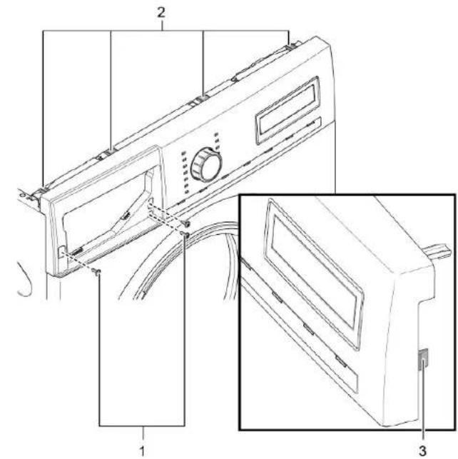 Technical diagram of a washing machine with labeled parts and exploded view