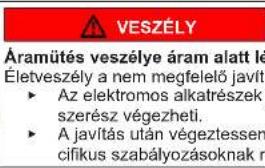 VESZÉLY Áramütés veszélye áram alatt lé Életveszély a nem megfelelő javít • Az elektromos alkatrészek szerész végezheti. • A javítás után végeztessen cifikus szabályozásoknak n