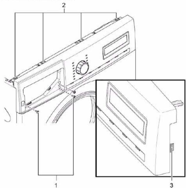 Technical diagram of a washing machine with labeled parts and exploded view