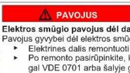 PAVOJUS Elektros smügio pavojus dėl da Pavojus gyvybei dėl elektros smüg • Elektrines dalis remontuoti • Po remonto pasirūpinkite, k gal VDE 0701 arba šalyje g