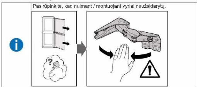 Pasirūpinkite, kad nuimant / montuojant vyriai neužsidarytu.