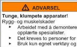 ADVARSEL Tunge, klumpete apparater! Rygg- og muskelskader ► Arbeidet med å demontere opplæerte spesialister. ► Det kreves to personer for ► Bruk kun egnet verktøy og