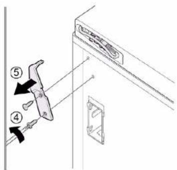 Diagram showing a door handle assembly with numbered parts and directional arrows indicating movement or assembly.