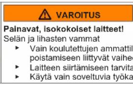 VAROITUS Palnavat, isokokolset laitteet! Selän ja lihasten vammat ► Vain koulutettujen ammattil poistamiseen liittyvät valhe ► Laitteen siirtämiseen tarvita ► Käytä vain soveltuvia työka