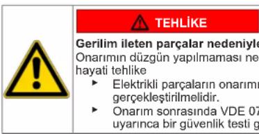 TEHLIKE Gerilim iletten parçalar nedeniyle Onarımın düzgün yapılmaması ne- hayati tehlike ► Elektrikli parçaların onarımı gerçekleştirilmelidir. ► Onarım sonrasında VDE 07 uyarınca bir güvenlik testi g