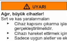 UYARI Ağır, büyük cihazlar! Sırt ve kas yaralanmaları ► Cihaz kapısını çıkarma işle gerçekleştirilmelidir. ► Cihazı hareket ettirmek için ► Sadece uygun aletler ve ek