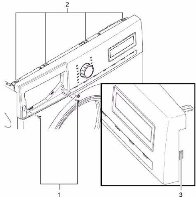 Technical diagram of a washing machine with labeled parts and exploded view