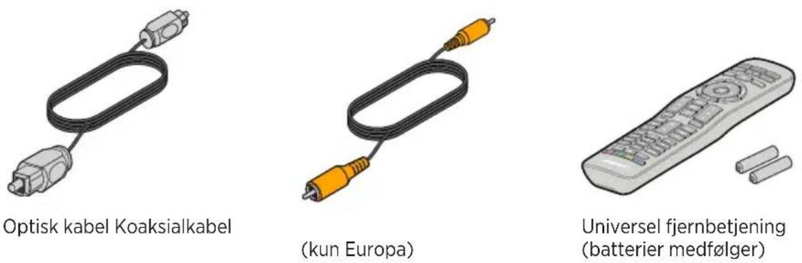 Optisk kabel Koaksialkabel (kun Europa) Universel fjernbetjening (batterier medfølger)