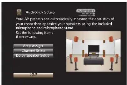 Audyssey Setup Your AV preamp can automatically measure the acoustics of your room then optimize your speakers using the included microphone and microphone stand. Set the following items if necessary. Amp Assign Channel Select Dolby Speaker Setup SET