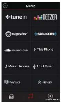 Music + tunein DEEZER napster (SiriusXM) SOUNDCLoud This Phone Music Servers USB Music Playlists History