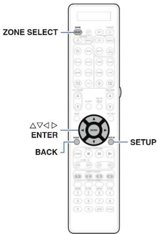 ZONE SELECT Δ▽◀◀ ENTER BACK SETUP