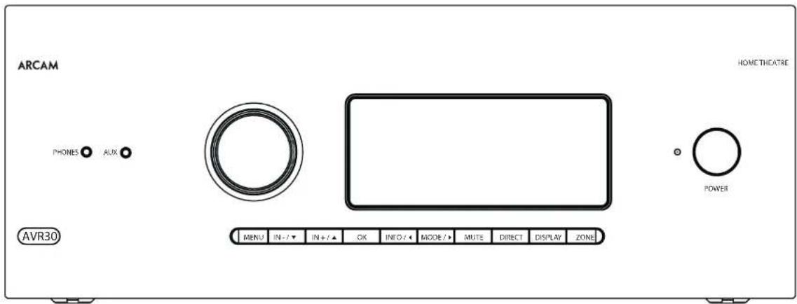 ARCAM HOMETHATRE PHONES AUX AVR30 MENU IN-/- IN+/- OK INTO/ < MODE/ > MUTE DIRECT DISPLAY ZONE POWER